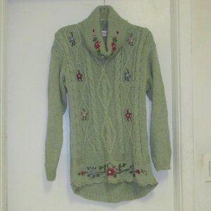 Sweater-"Bobbie Brooks"Cowl Neck Pull Over Hand Knitted Sweater - Flowers Sz: Lg